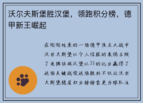 沃尔夫斯堡胜汉堡，领跑积分榜，德甲新王崛起